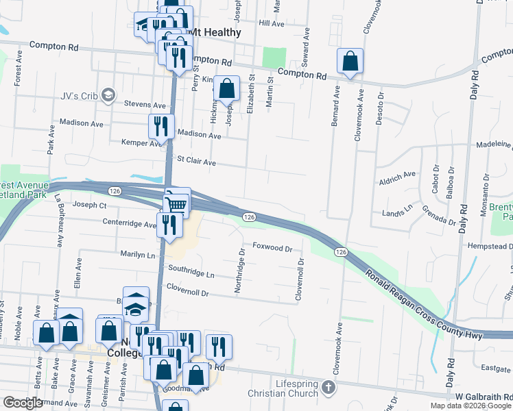 map of restaurants, bars, coffee shops, grocery stores, and more near 1477 Rugg Street in Cincinnati