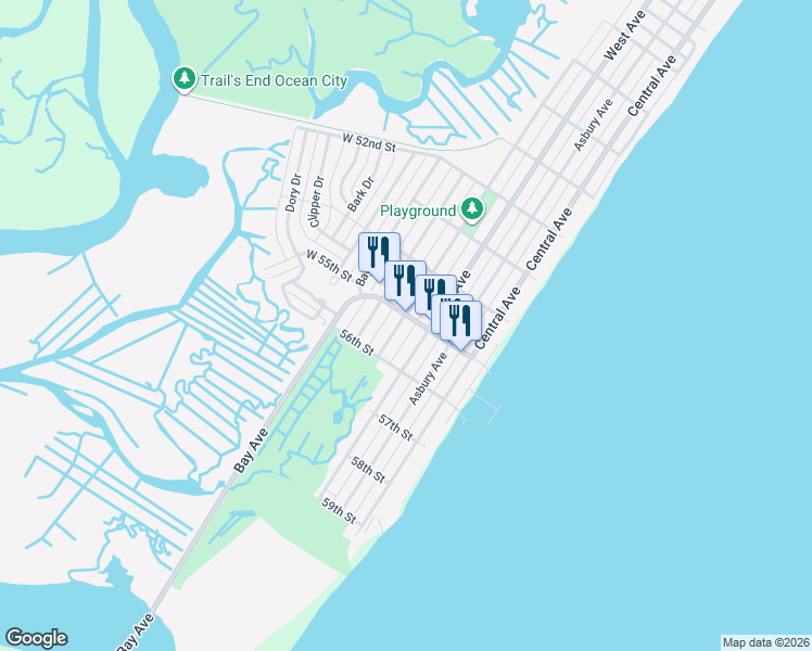 map of restaurants, bars, coffee shops, grocery stores, and more near 5517-19 Haven Avenue in Ocean City