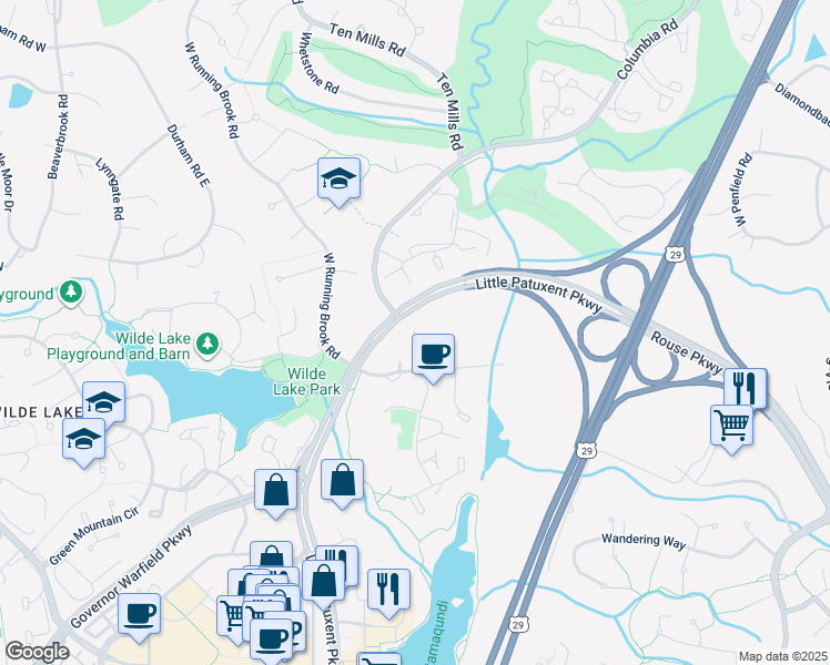 map of restaurants, bars, coffee shops, grocery stores, and more near 5370 Smooth Meadow Way in Columbia