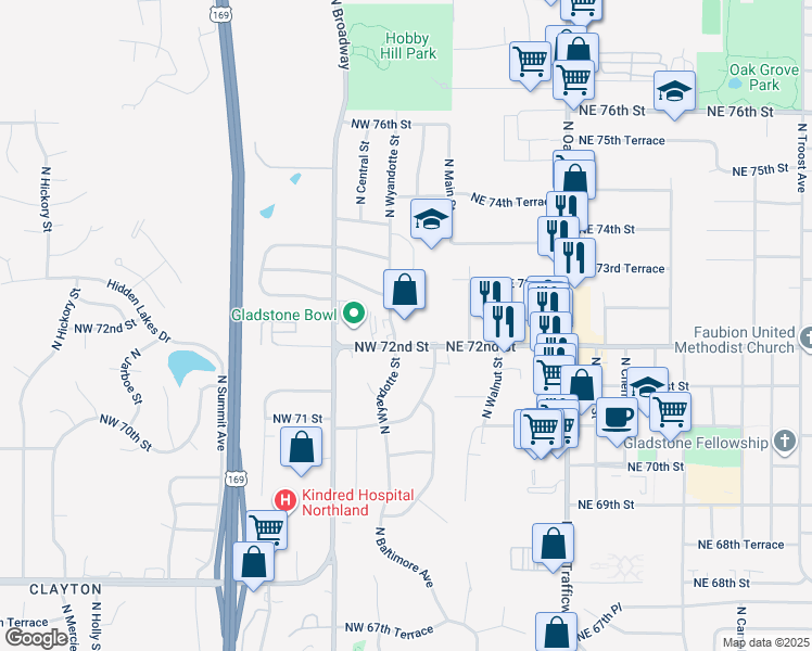 map of restaurants, bars, coffee shops, grocery stores, and more near 100 Northwest 72nd Street in Kansas City