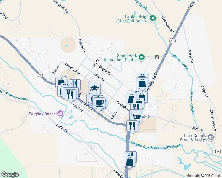map of restaurants, bars, coffee shops, grocery stores, and more near 490 8th Street in Fairplay