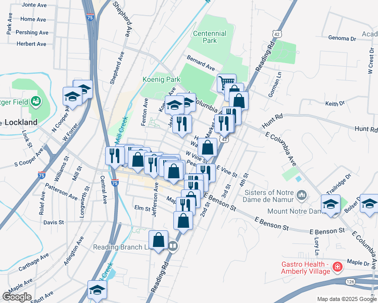 map of restaurants, bars, coffee shops, grocery stores, and more near 126 Pearl Street in Reading