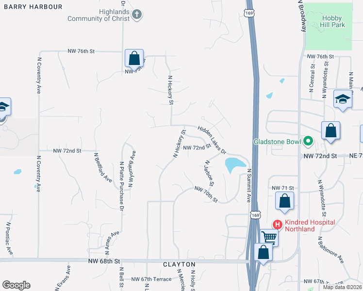 map of restaurants, bars, coffee shops, grocery stores, and more near 1309 Northwest 72nd Street in Kansas City