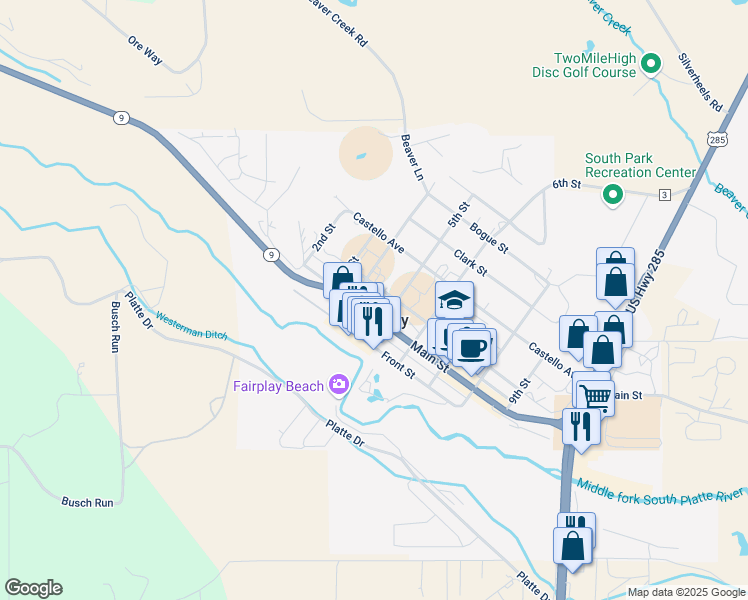 map of restaurants, bars, coffee shops, grocery stores, and more near 418 Main Street in Fairplay