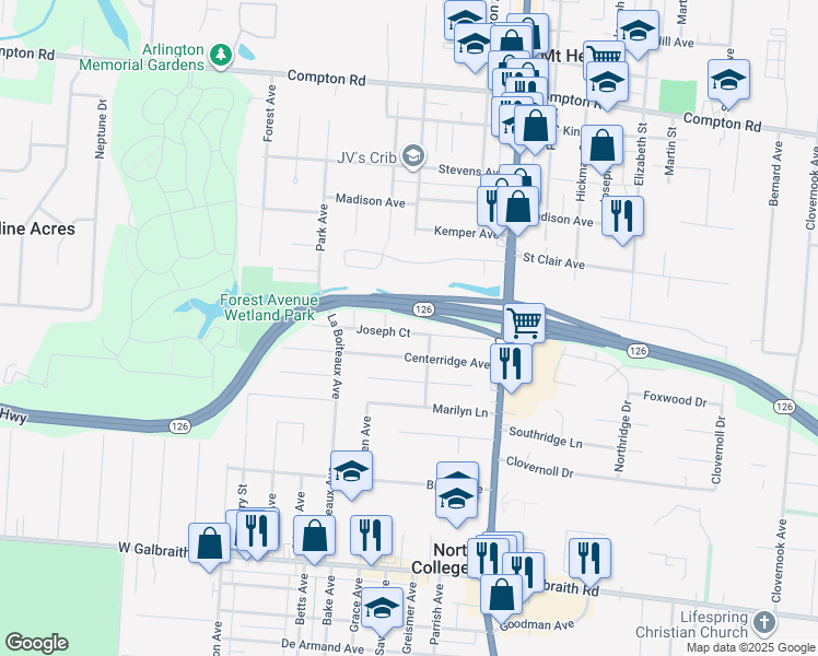 map of restaurants, bars, coffee shops, grocery stores, and more near 1631 Joseph Court in Cincinnati