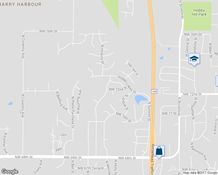 map of restaurants, bars, coffee shops, grocery stores, and more near 1309 Northwest 72nd Street in Kansas City