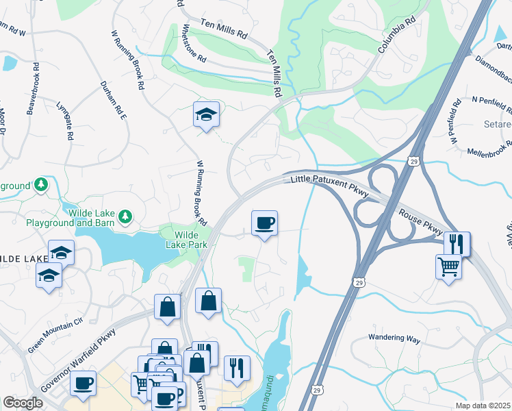 map of restaurants, bars, coffee shops, grocery stores, and more near 5378 Smooth Meadow Way in Columbia