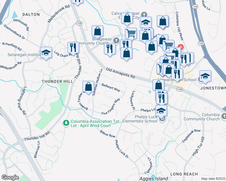 map of restaurants, bars, coffee shops, grocery stores, and more near 9069 Bellwart Way in Columbia