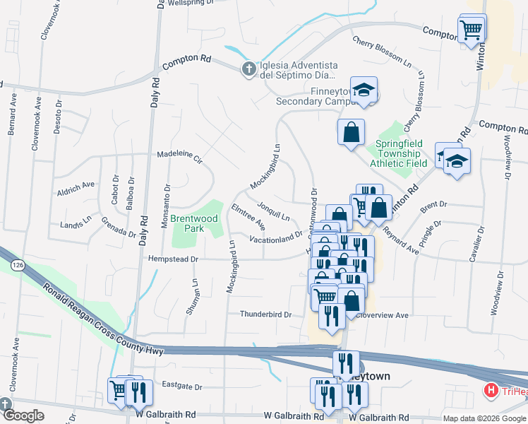 map of restaurants, bars, coffee shops, grocery stores, and more near 8663 Elmtree Avenue in Cincinnati