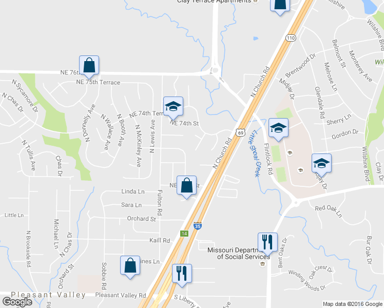 map of restaurants, bars, coffee shops, grocery stores, and more near 8908 Northeast 73rd Court in Kansas City