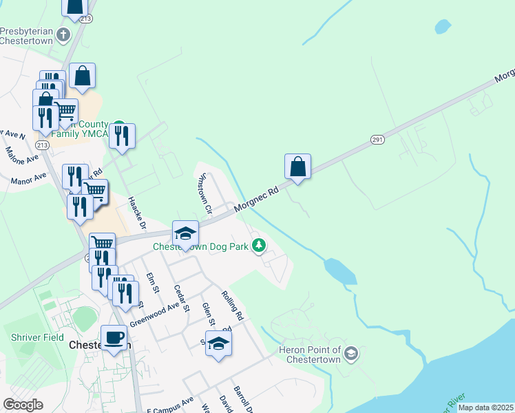 map of restaurants, bars, coffee shops, grocery stores, and more near 509 Morgnec Road in Chestertown
