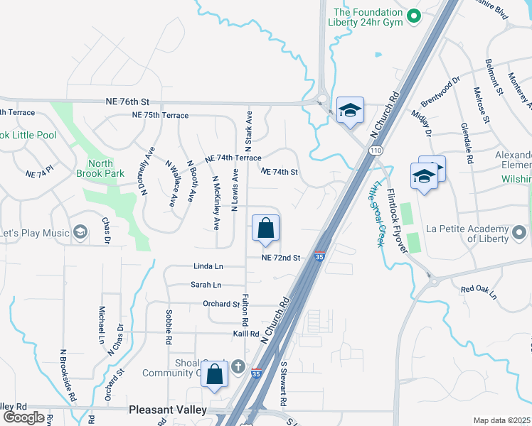 map of restaurants, bars, coffee shops, grocery stores, and more near 8806 Northeast 73rd Street in Kansas City