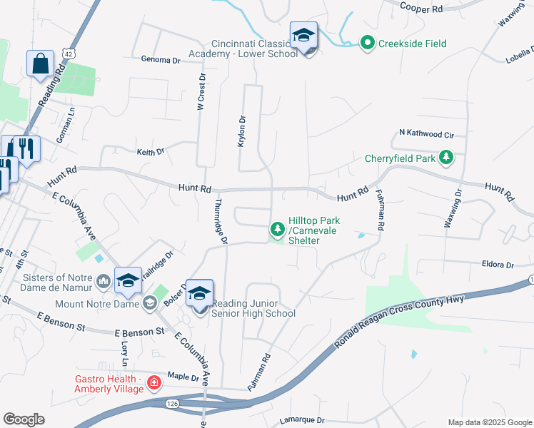 map of restaurants, bars, coffee shops, grocery stores, and more near 1565 Sanborn Drive in Cincinnati