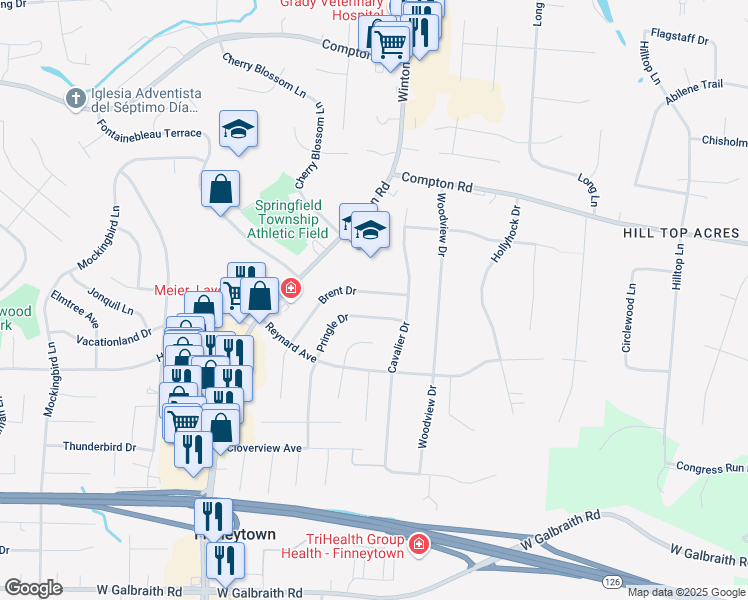 map of restaurants, bars, coffee shops, grocery stores, and more near 8700 Pringle Drive in Cincinnati