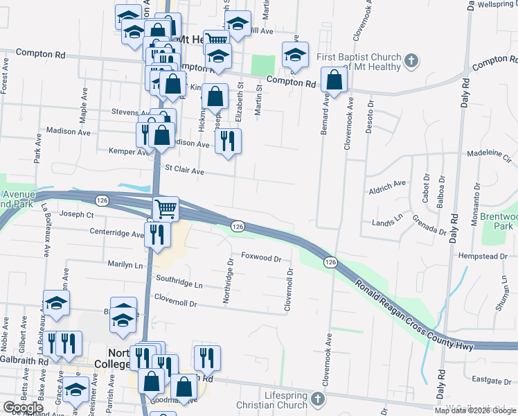 map of restaurants, bars, coffee shops, grocery stores, and more near 1477 Rugg Street in Cincinnati