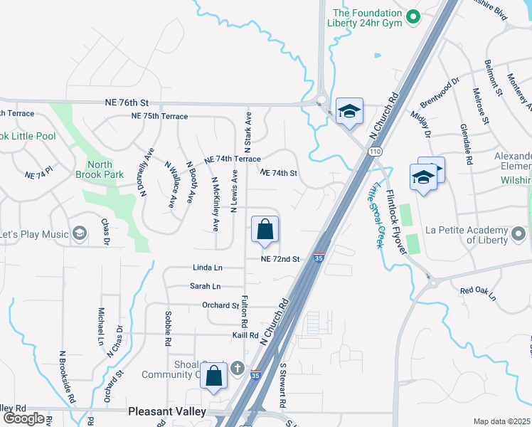 map of restaurants, bars, coffee shops, grocery stores, and more near 8806 Northeast 73rd Street in Kansas City