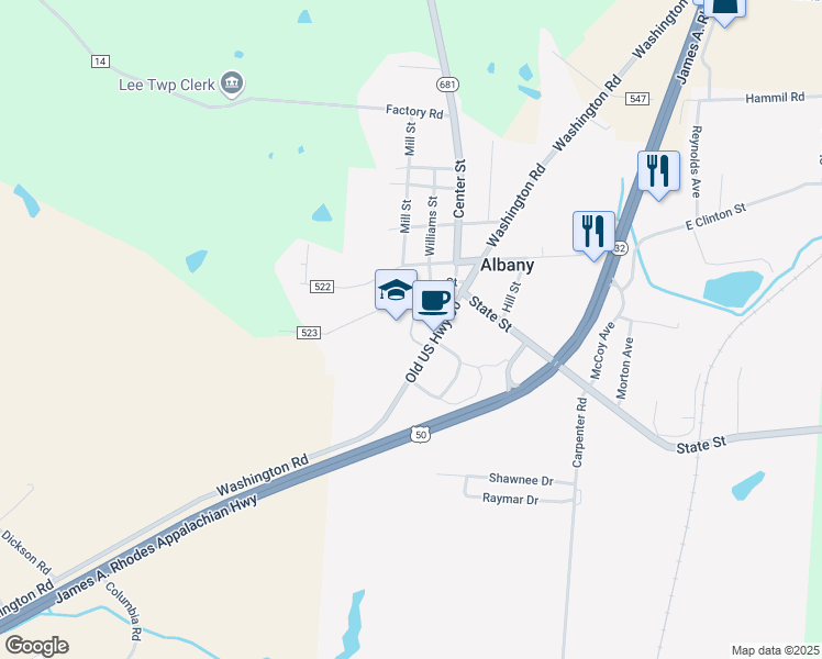 map of restaurants, bars, coffee shops, grocery stores, and more near 6115 School Road in Albany