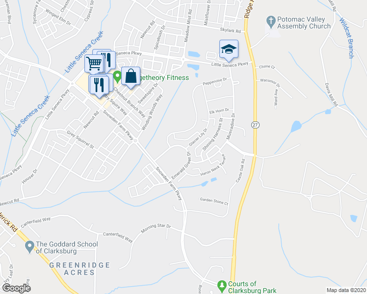map of restaurants, bars, coffee shops, grocery stores, and more near 11702 Emerald Green Drive in Germantown