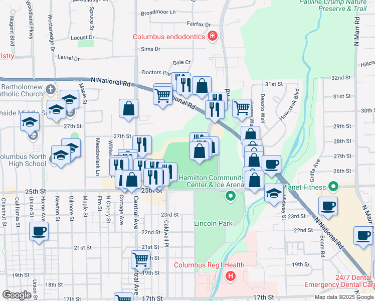 map of restaurants, bars, coffee shops, grocery stores, and more near in Columbus