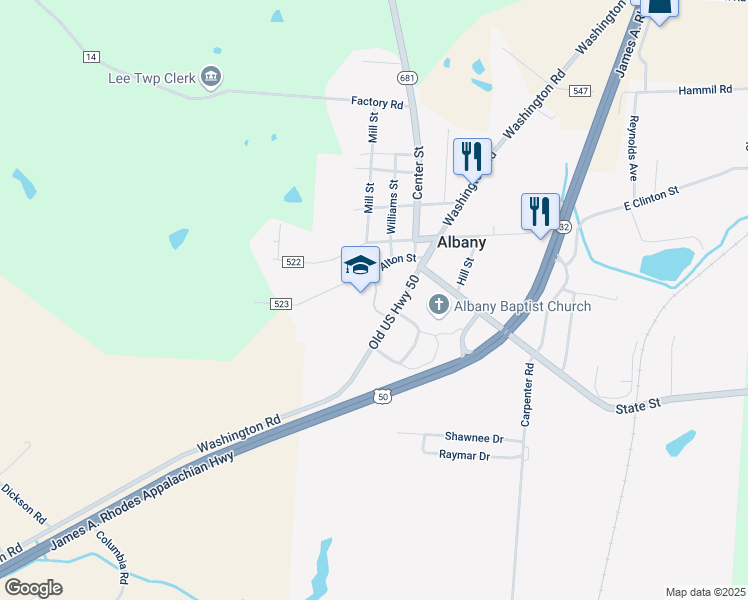 map of restaurants, bars, coffee shops, grocery stores, and more near 6115 School Road in Albany