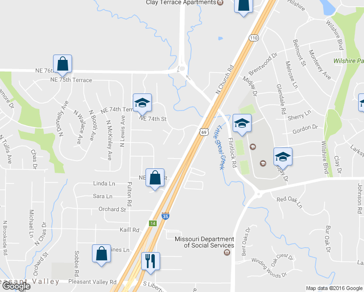 map of restaurants, bars, coffee shops, grocery stores, and more near 7307 North Laurel Avenue in Kansas City