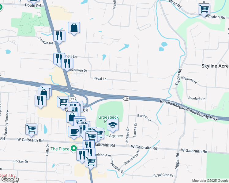 map of restaurants, bars, coffee shops, grocery stores, and more near 2937 Commodore Lane in Cincinnati