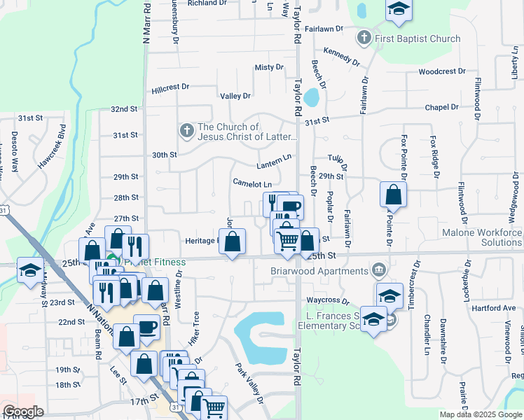 map of restaurants, bars, coffee shops, grocery stores, and more near 3838 Williamsburg Way in Columbus