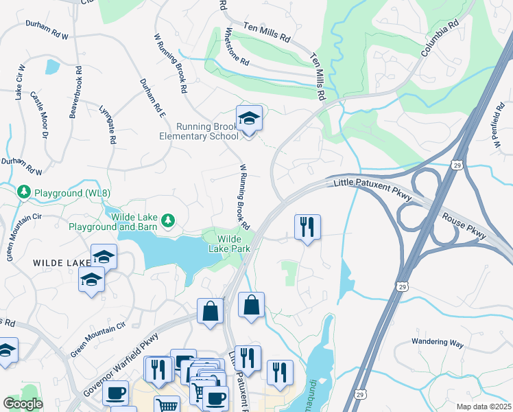 map of restaurants, bars, coffee shops, grocery stores, and more near 5243 West Running Brook Road in Columbia