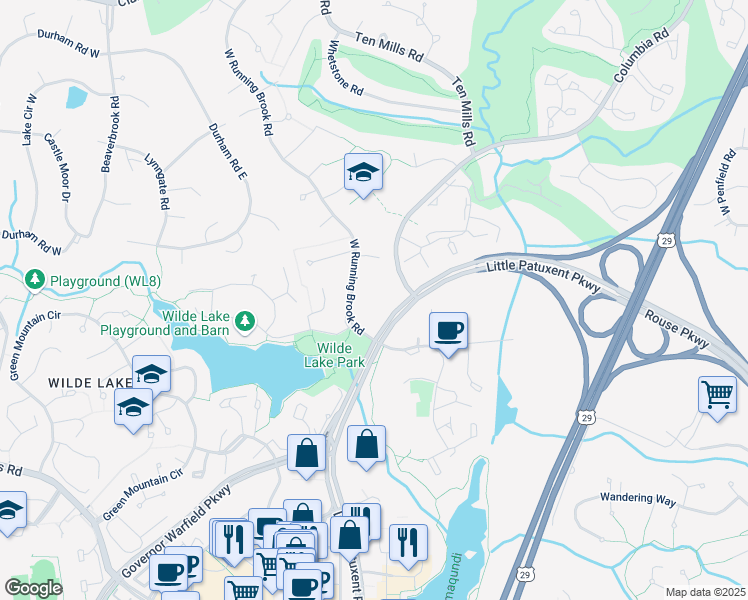 map of restaurants, bars, coffee shops, grocery stores, and more near 5243 West Running Brook Road in Columbia