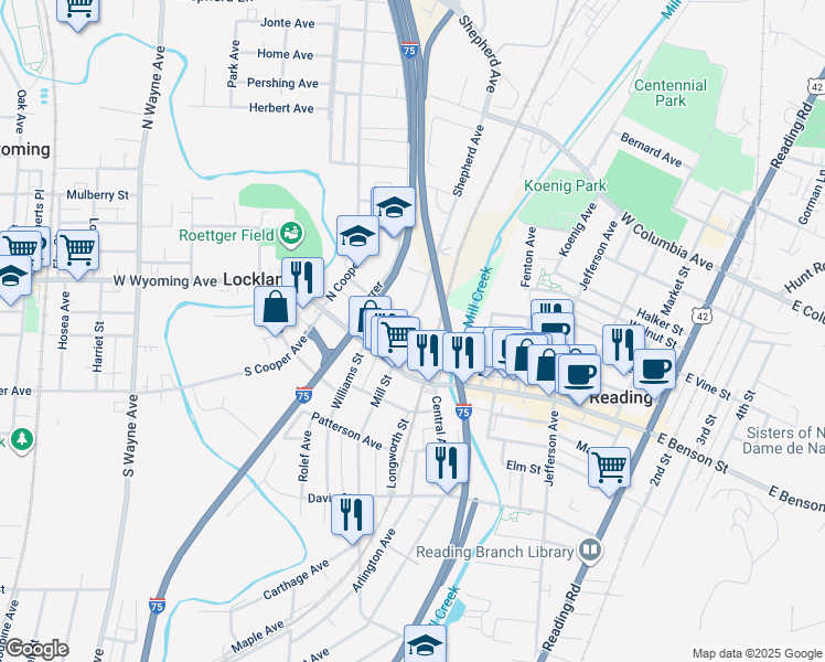 map of restaurants, bars, coffee shops, grocery stores, and more near 10 East Wyoming Avenue in Lockland