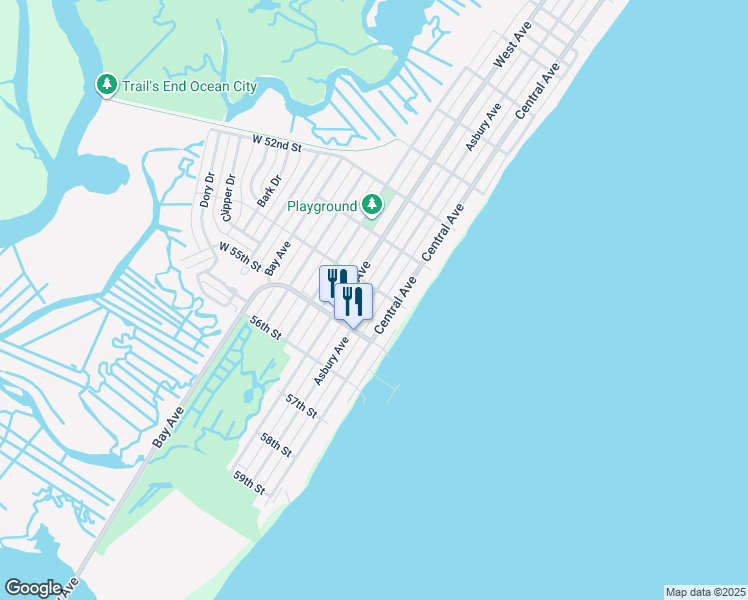 map of restaurants, bars, coffee shops, grocery stores, and more near 5426 Central Avenue in Ocean City
