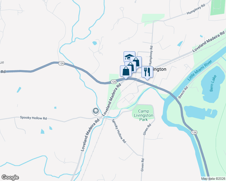 map of restaurants, bars, coffee shops, grocery stores, and more near 9384 Loveland Madeira Road in Cincinnati