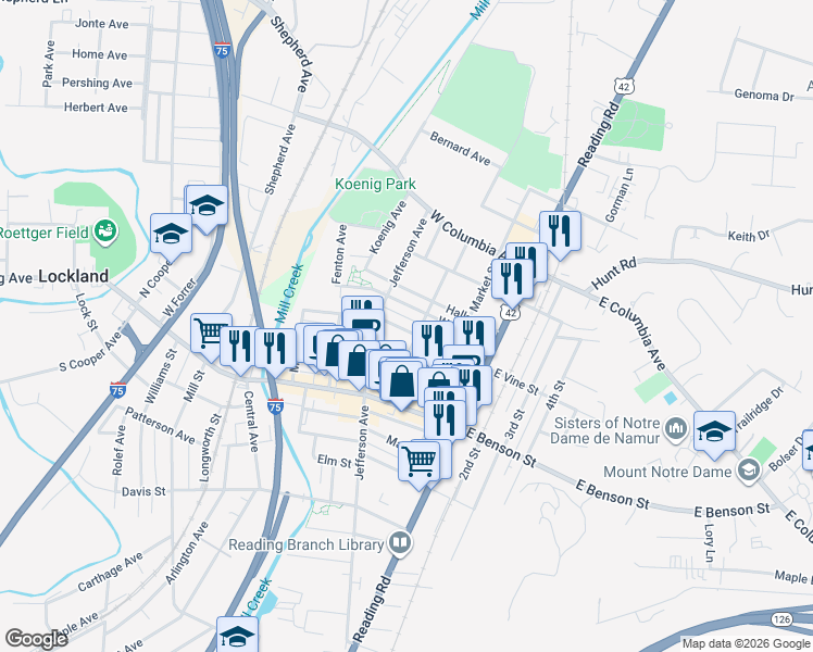 map of restaurants, bars, coffee shops, grocery stores, and more near 126 Pearl Street in Reading
