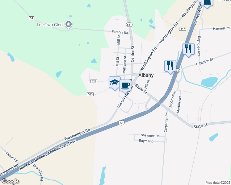 map of restaurants, bars, coffee shops, grocery stores, and more near 6105 School Road in Albany