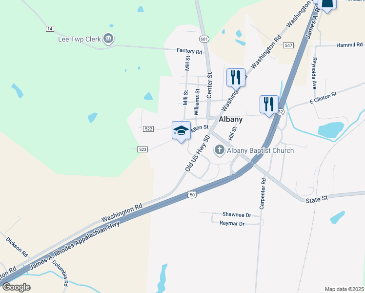 map of restaurants, bars, coffee shops, grocery stores, and more near 6105 School Road in Albany