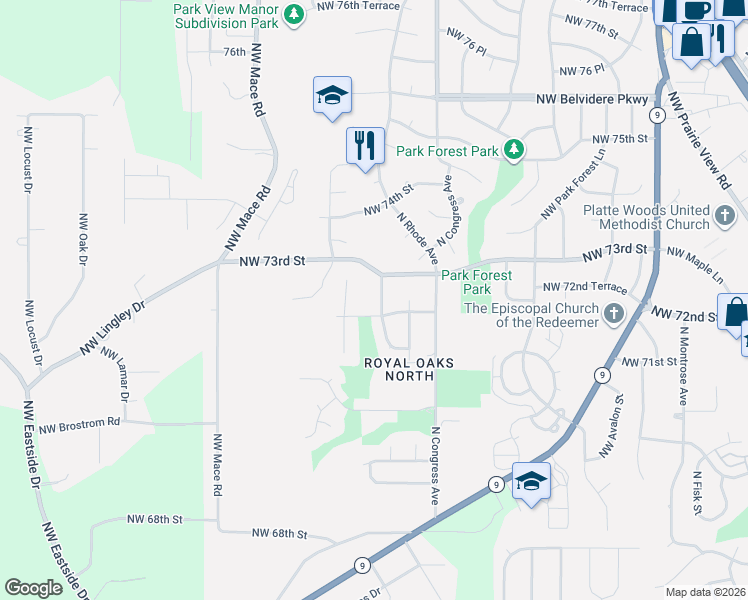 map of restaurants, bars, coffee shops, grocery stores, and more near 7122 Northwest Rhode Avenue in Kansas City