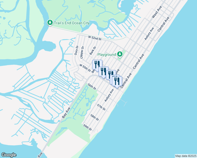 map of restaurants, bars, coffee shops, grocery stores, and more near 5539 Simpson Avenue in Ocean City