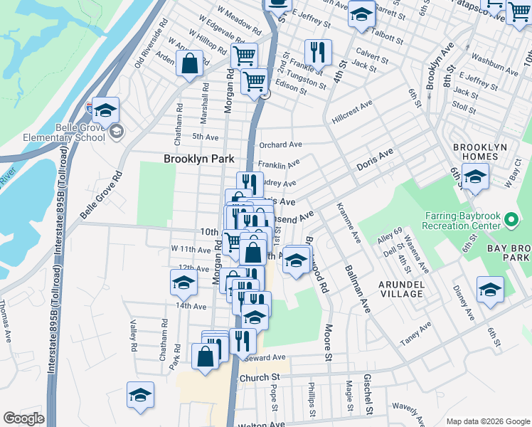 map of restaurants, bars, coffee shops, grocery stores, and more near 106 Townsend Avenue in Baltimore