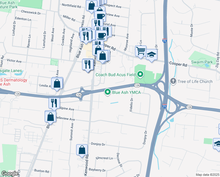 map of restaurants, bars, coffee shops, grocery stores, and more near Ronald Reagan Cross County Highway in Cincinnati