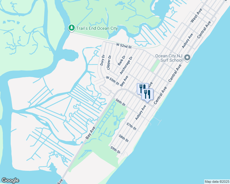 map of restaurants, bars, coffee shops, grocery stores, and more near 128 South Inlet Drive in Ocean City