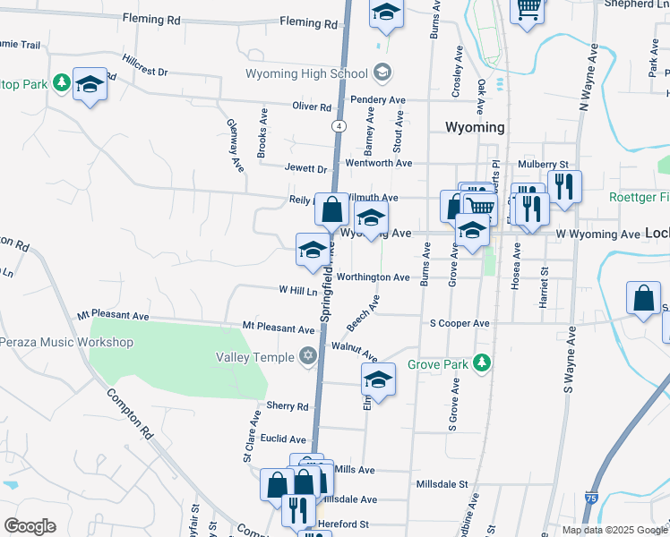 map of restaurants, bars, coffee shops, grocery stores, and more near 428 Ohio 4 in Wyoming