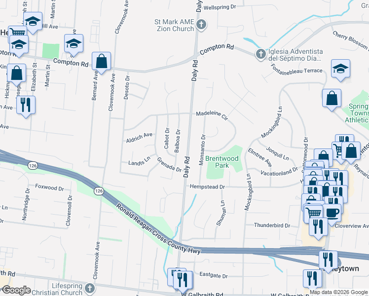 map of restaurants, bars, coffee shops, grocery stores, and more near 8793 Balboa Drive in Cincinnati