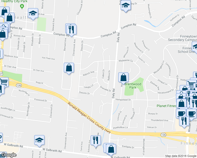map of restaurants, bars, coffee shops, grocery stores, and more near 8788 Grenada Drive in Cincinnati