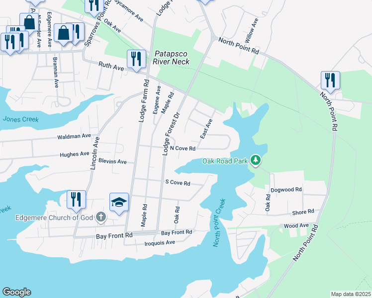 map of restaurants, bars, coffee shops, grocery stores, and more near 7722 North Cove Road in Sparrows Point