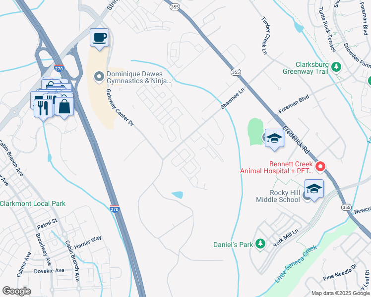 map of restaurants, bars, coffee shops, grocery stores, and more near 22530 Tate Street in Clarksburg