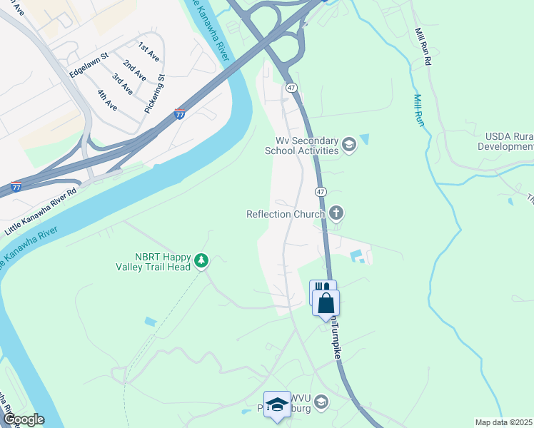 map of restaurants, bars, coffee shops, grocery stores, and more near 715 Staunton Pike in Parkersburg