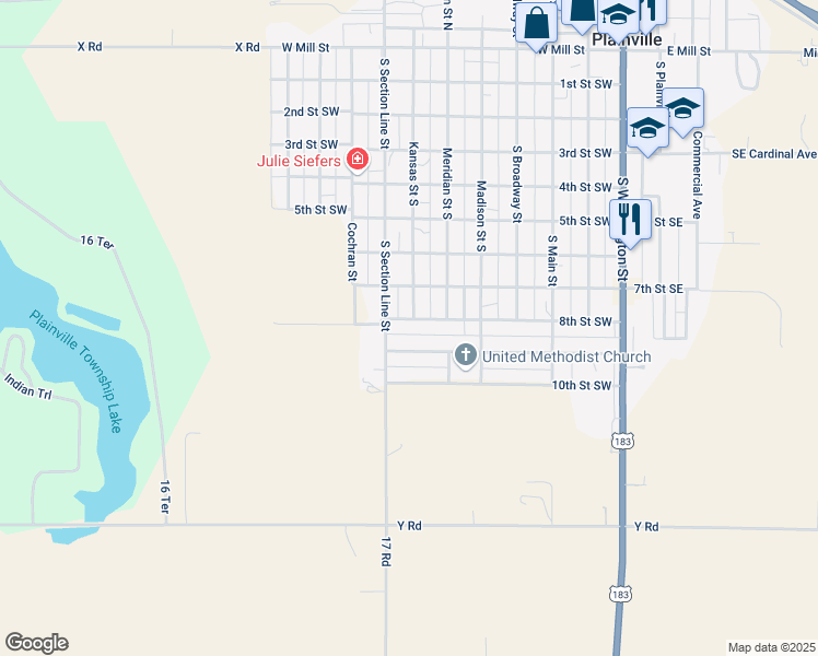 map of restaurants, bars, coffee shops, grocery stores, and more near 648-698 8th Street Southwest in Plainville