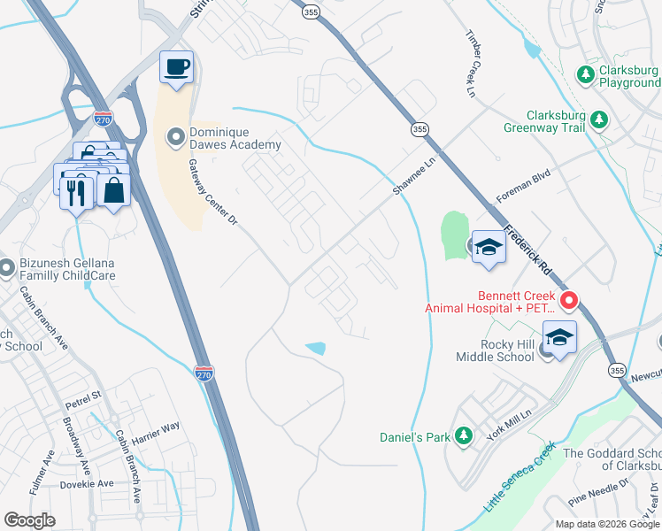 map of restaurants, bars, coffee shops, grocery stores, and more near 22530 Tate Street in Clarksburg