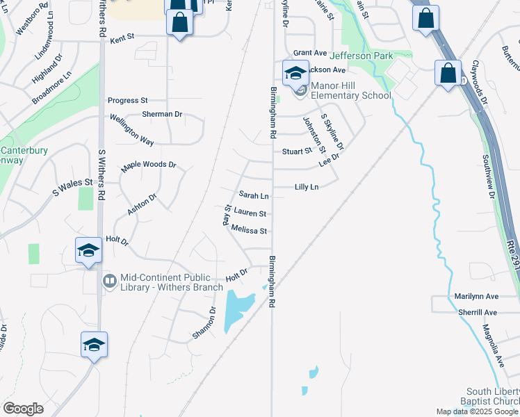 map of restaurants, bars, coffee shops, grocery stores, and more near 503 Sarah Lane in Liberty