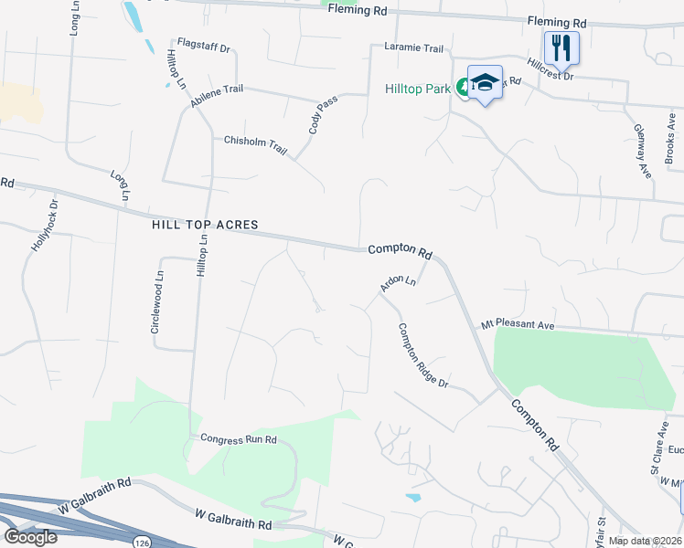 map of restaurants, bars, coffee shops, grocery stores, and more near 407 Compton Road in Cincinnati